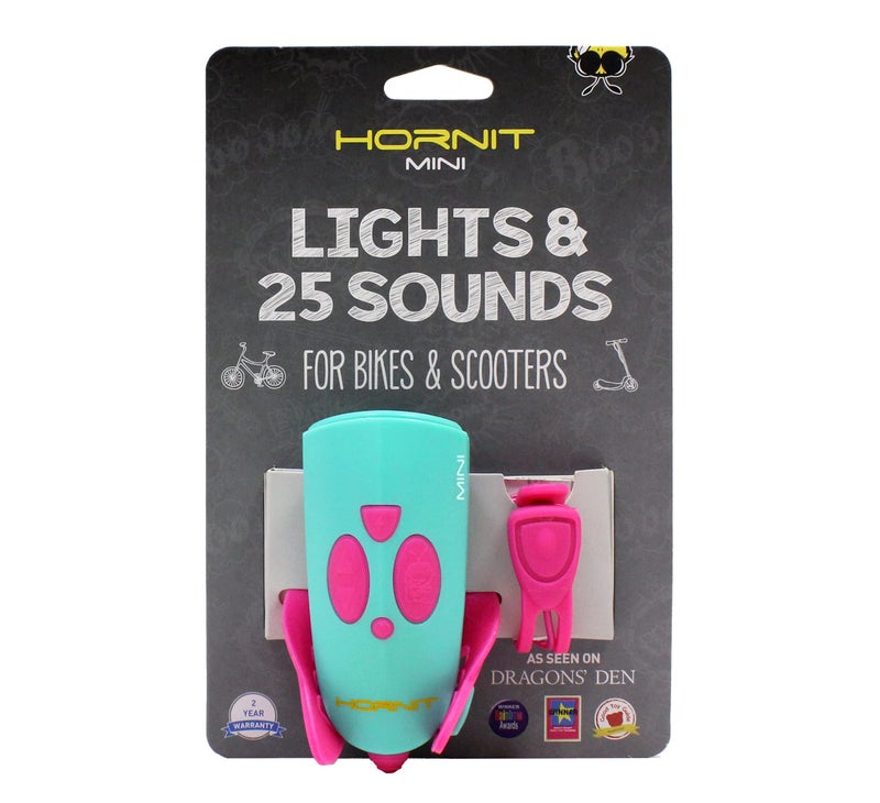 Hornit Mini, Bike & Scooter Horn and Safety Light for Children and Kids, 25 Sound Effects, 6 Light Modes: White Safety Light and Funky Green Light, Pink/Turquoise - Image 1